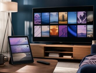 Tablet and television showing organized abstract watchlist cards with bookmark icons.