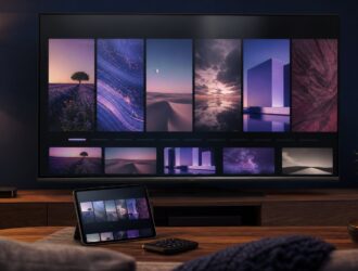 Television and tablet browsing an abstract carousel of fictional film-style scenes.