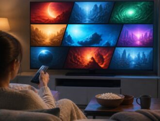 Home movie night with colorful generic film thumbnails on television.