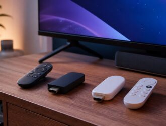 Two unbranded HDMI streaming sticks and remotes arranged in front of a television.