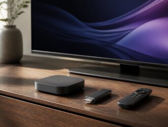 A generic set-top box and HDMI streaming stick arranged below a television.