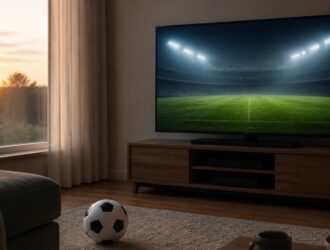 Home viewer watching a generic football pitch under floodlights.