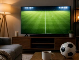 Viewer watching a generic football pitch in a U.S. home.