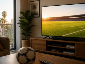 Viewer watching a generic football pitch in a warm home.