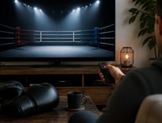 Viewer watching a neutral boxing ring at home.