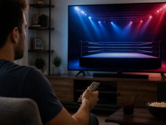 Viewer watching a neutral lit sports ring at home.