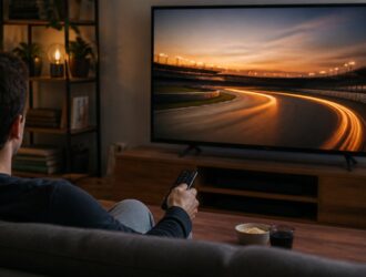 Viewer watching a generic race-track replay scene.