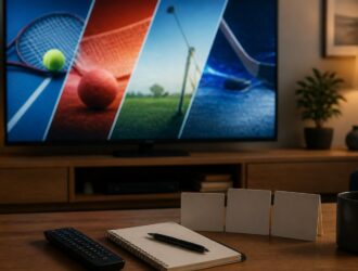 Home viewing setup with a remote and blank planning cards.