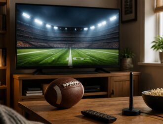 Cable-free football viewing setup with an indoor antenna.