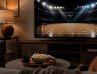 Viewer watching a generic basketball court under bright lights.