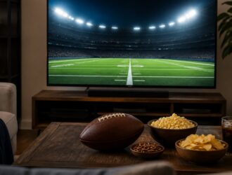 Home big-game viewing setup with a generic football field.