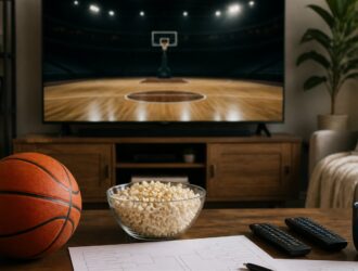 Home basketball viewing setup with blank bracket papers.