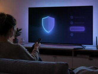 Person using a remote in front of a television showing a generic privacy settings screen.