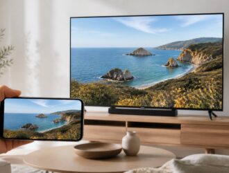 Smartphone and television showing the same seaside scene for screen mirroring.