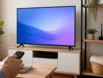 Remote, home router and television during a Wi-Fi setup.