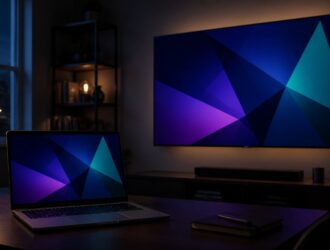 Laptop and television showing the same abstract geometric image for screen mirroring.