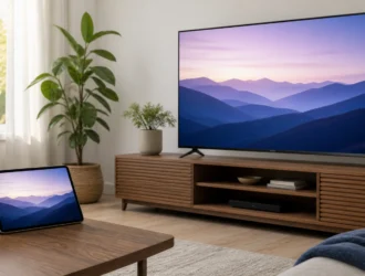 Tablet and unbranded television displaying the same landscape, illustrating screen mirroring.