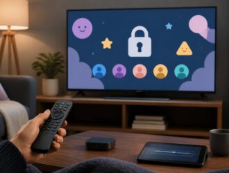 Adult hand holding a remote toward a television with abstract child-friendly profile and lock icons.