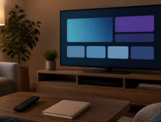 A home television showing an abstract entertainment dashboard with a remote and notebook.