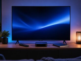 A home television with an abstract blue glow, streaming box, remote and notebook.