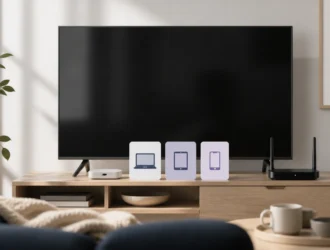 Unbranded home streaming setup with a television, router, and neutral device-comparison cards.