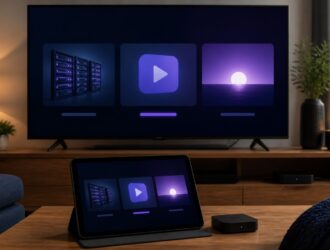 Television and tablet showing three abstract streaming interface types in a living room.