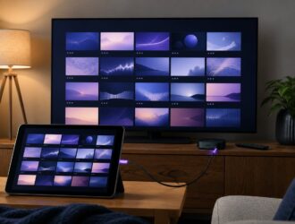 Tablet and television showing an organized abstract streaming playlist grid.
