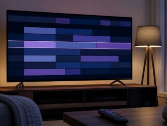 Television showing a non-text electronic program schedule grid in a living room.