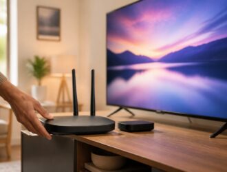 Hand positioning an unbranded Wi-Fi router beside a television and streaming device.