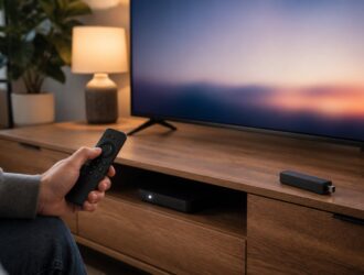 Hand holding a streaming remote in front of a television during a performance check.