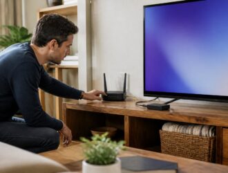 Person checking a home router beside a television and streaming device.