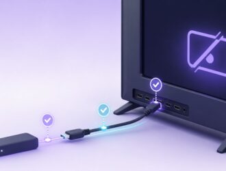 A streaming device and HDMI connection leading to a television, illustrating an input or signal diagnostic path.