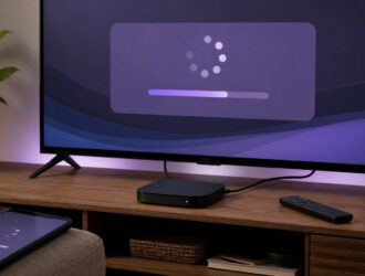 Streaming device, remote, phone, and television showing a generic app installation screen.