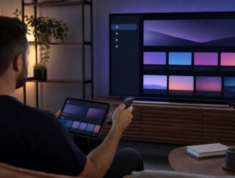 Viewer using a remote and tablet to configure an abstract television player interface.