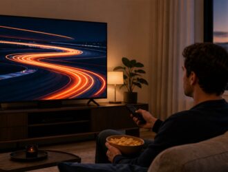 Viewer watching glowing race-track imagery on a television at home.