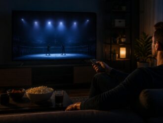 Viewer watching a neutral combat-sports arena on television at home.