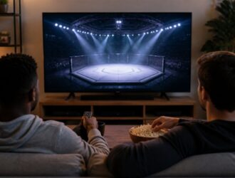 Two friends watching a neutral combat-sports arena on television.