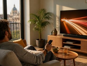 Viewer watching warm red and gold race-track light trails on television.