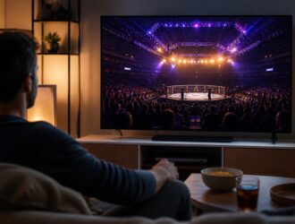 Viewer watching a neutral combat-sports arena at home.