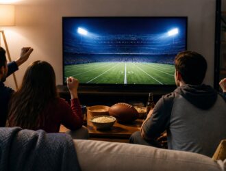 Friends watching a generic football game at home.