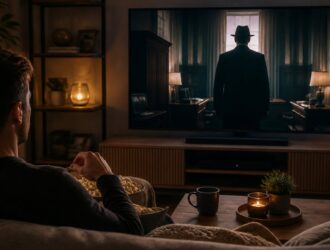 Cozy home television scene for a drama series guide.