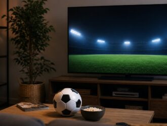 Home viewer watching a generic football pitch on television.