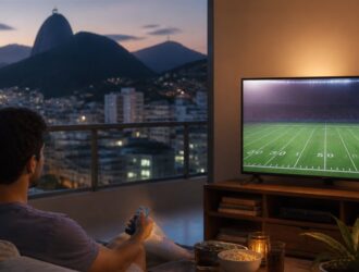 Viewer watching a generic football field in a Rio apartment.