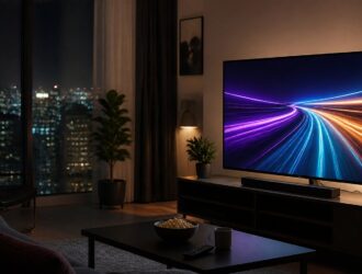 Viewer watching colorful generic race-track lights on television.