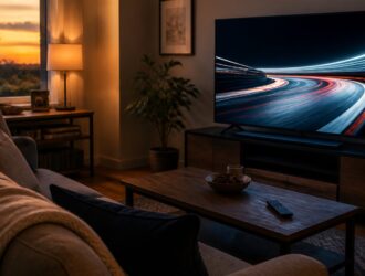 Home viewer watching a generic racing track on television.