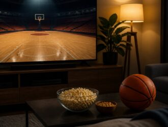 Home viewer watching a generic basketball court on television.