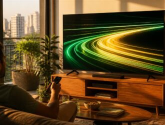 Viewer watching green and yellow racing light trails at home.