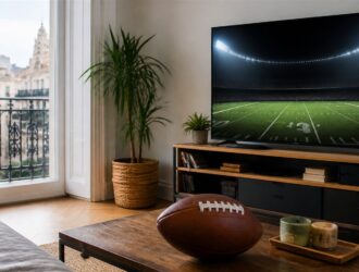 Viewer watching a generic football field in a Madrid apartment.