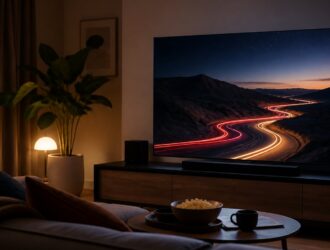 Viewer watching a generic night racing track on television.