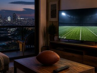 Viewer watching a generic football field in a Mexico City apartment.